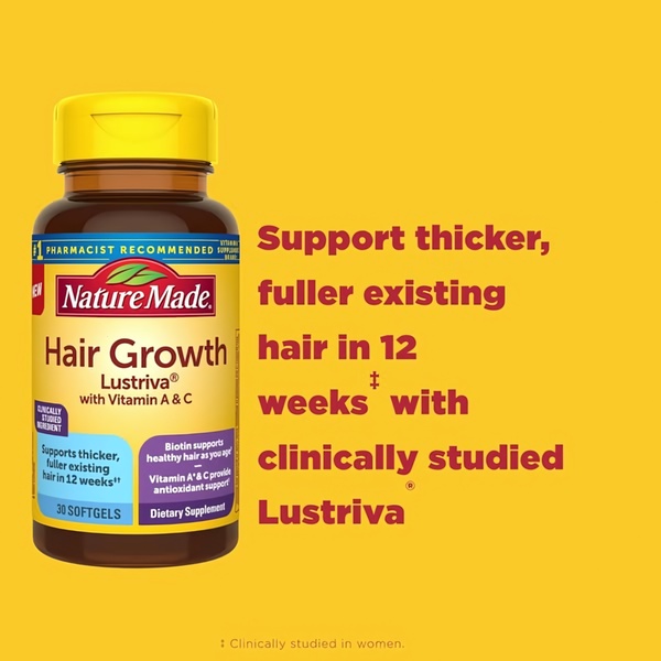 A high-contrast 1:1 square advertisement for a hair growth supplement, using a bold yellow background to highlight a 12-week clinical promise.